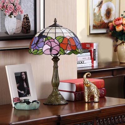Bronze Bowl Nightstand Light Tiffany Style 1-Bulb Stained Art Glass Flower Patterned Night Lighting