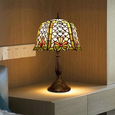 Bucket Stained Glass Night Lighting Mediterranean 1 Light Bronze Fishscale Patterned Table Lamp for Bedroom