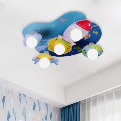 Cartoon 5 Bulbs Ceiling Light Blue Rocket Flush Mount Lamp with Global Frosted Glass Shade