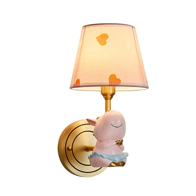 Cartoon Horse Resin Wall Lamp 1-Light Wall Mounted Light Fixture with Fabric Shade in Pink-Gold