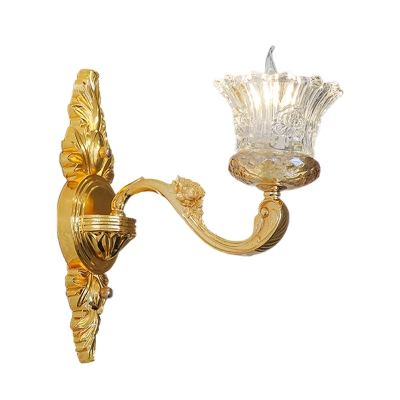Carved Glass Blooming Wall Sconce Vintage 1 Head Living Room Wall Mount Fixture in Gold