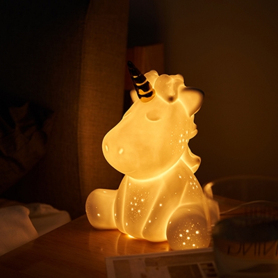 Ceramic Unicorn Table Lighting Cartoon 1 Bulb White Night Stand Lamp for Bedroom