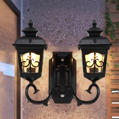 Clear Glass Lantern Wall Light Countryside 2-Bulb Outdoor Wall Sconce Lamp in Black