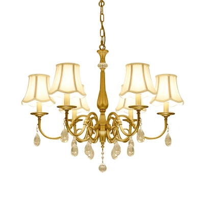 Country Style Scalloped Bell Chandelier 6 Bulbs Fabric Suspended Lighting Fixture in Brass with Crystal Accent