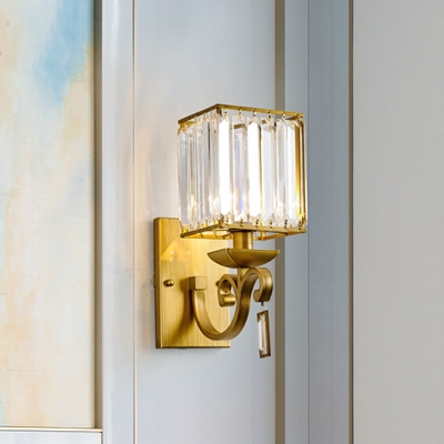 Cuboid Bedside Wall Lamp Kit Minimalist Crystal 1 Head Brass Finish Sconce Light