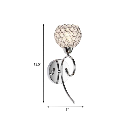 Cut Crystal Chrome Wall Lamp Sphere 1-Head Minimalism Wall Sconce Lighting with Curvy Arm