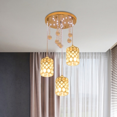 Cylinder Bedroom Multi-Light Pendant Modern Crystal 3-Head Gold Down Lighting with Trellis Cage Design