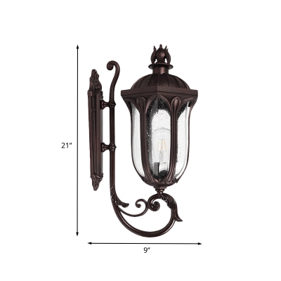 Dark Coffee Curvy Arm Wall Lighting Ideas Lodge Metal 1-Light Outdoor Sconce with Lantern Clear Seeded Glass Shade