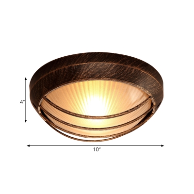 Dome Corridor Flush Mount Countryside Prismatic Frosted Glass 1-Light Bronze Flushmount with Cage