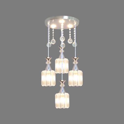 Drum Beveled Crystal Multi Light Pendant Contemporary 4 Heads Silver Hanging Lamp Kit for Dining Room