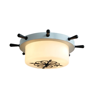 Drum Shaped Rudder Ceiling Lamp Kids Opal Frosted Glass 3 Heads Bedroom Flushmount in White/Light-Blue/Blackish Green