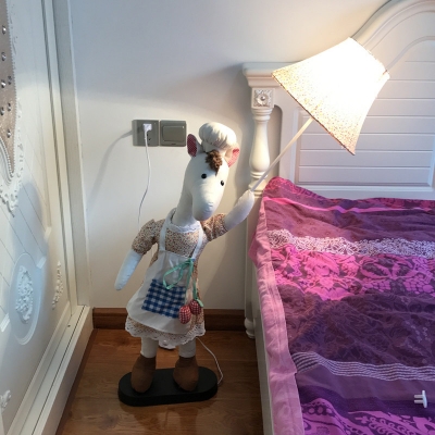Fabric Chef Horse Standing Lamp Cartoon 1 Bulb White Stand Up Light with Bell Shade for Nursery