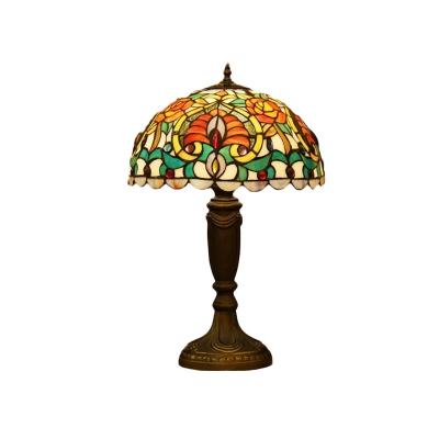 Floral Stained Art Glass Table Light Tiffany 1 Bulb Beige/Orange Night Stand Lamp with Pillar Pedestal