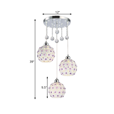 Globe Multi-Light Pendant Minimalist Crystal 3 Heads Dining Room Suspension Lighting in White