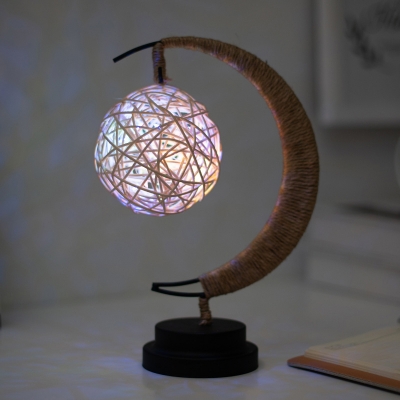 Hemp Rope Crescent LED Table Lamp Nordic Black USB/Battery Nightstand Light with Dangling Globe/Star Shade