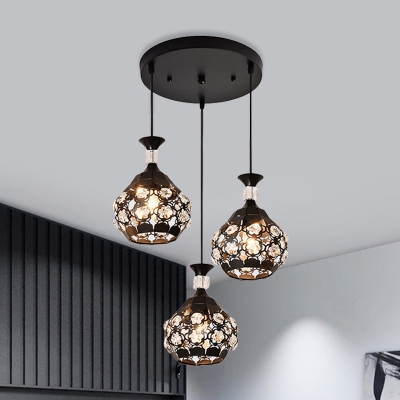 Inserted Crystal Sphere Cluster Pendant Light Modern Style 3-Head Hanging Lamp Kit in Black