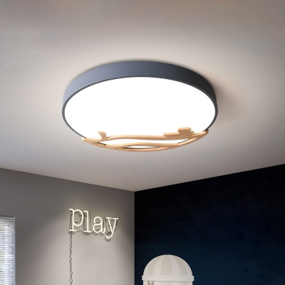 Kids Ring Acrylic Flushmount LED Ceiling Flush Mount Light in Grey/White/Green with Wooden Decor
