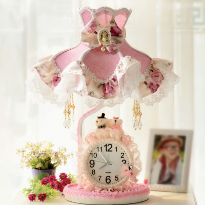 Korean Garden Lolita Dress Night Light Single-Bulb Fabric Table Lamp with Drape and Clock in Purple and Pink