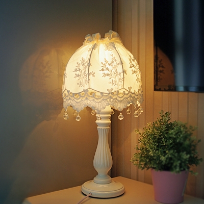Lace Dome Fabric Nightstand Lamp Farm Style 1 Bulb Living Room Table Light in White with Drople