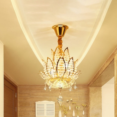 Lotus Shape Crystal Semi Flush Lamp Modernist 3 Lights Hallway Close to Ceiling Light in Gold