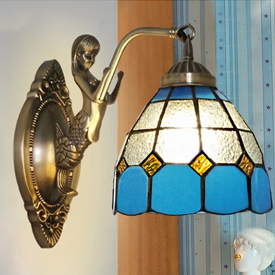 Mediterranean Bell Shape Sconce Light Single Bulb Blue-White/Orange-White/Sky Blue-White Textured Glass Wall Mounted Lamp
