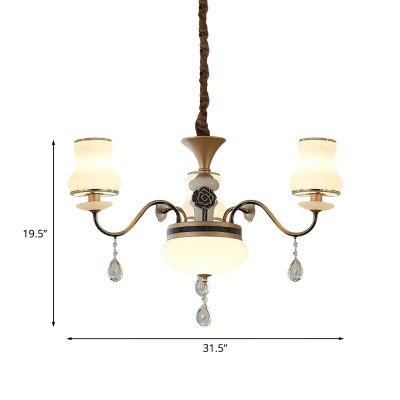 Milk Glass Antiqued Brass Chandelier Curved Jar 3/6-Head Traditional Hanging Lamp with Crystal Drop