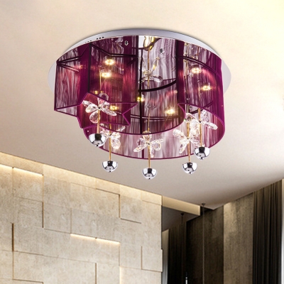 Moon and Star Flushmount Modernist Sheer Fabric LED Bedroom Flush Lighting in Silver/Red with Flower Crystal Deco