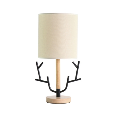 Nordic 1 Head Night Light Wood Cylindrical Table Lighting with Fabric Shade and Antler Hook Design