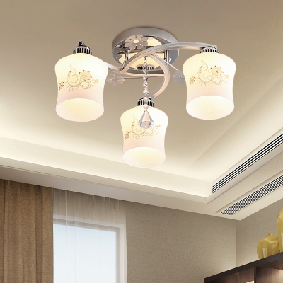 Opal Glass Chrome Ceiling Light Bloom 3 Bulbs Contemporary Semi Flush with Crystal Draping