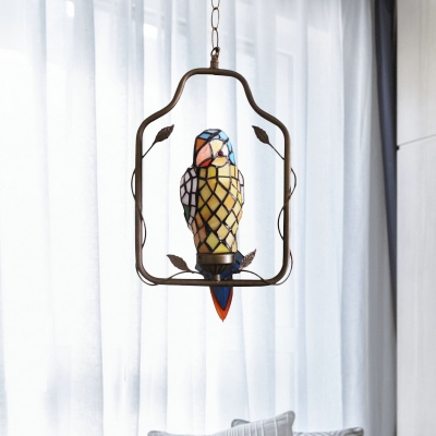 Parrot Ceiling Pendant Lamp Single Yellow Hand-Cut Stained Glass Tiffany Style Suspended Lighting Fixture
