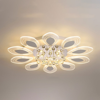 Peacock Tail Acrylic Ceiling Lamp Modern Stylish Living Room LED Flush Mount Fixture in Clear with Crystal Orb Drop
