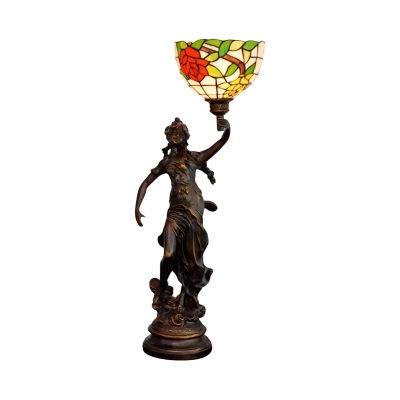 Resin Red/Blue Night Lamp Woman 1-Light Mediterranean Floral Patterned Desk Lighting with Domed Stained Glass Shade