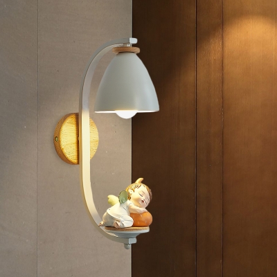 Resin Sleeping Girl/Boy Sconce Light Kid Single-Bulb White Wall Mount Fixture with Bell Lampshade