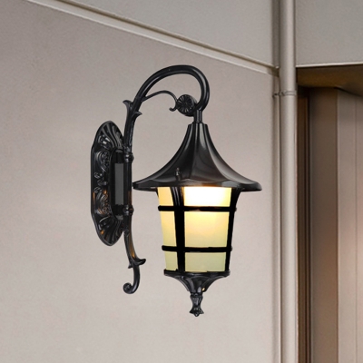 Retro Lantern Wall Lamp Sconce 1-Bulb Opal Glass Wall Mounted Lighting in Black/Coffee/Bronze for Courtyard