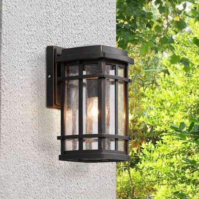 Seedy Glass Rectangle Sconce Light Lodge 1 Bulb Courtyard Wall Mounted Lamp in Black with Frame