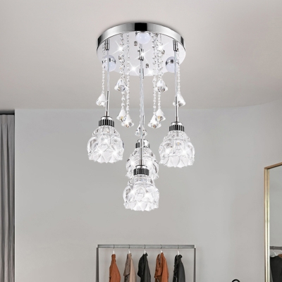 Silver 4-Light Cluster Pendant Contemporary Clear Crystal Blossom Drop Lamp for Dining Table