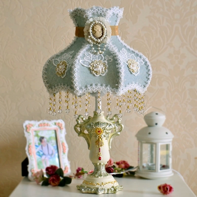 Single Hand-Embroidered Fabric Night Lamp European Garden Blue-Green Royal Dress Bedroom Table Light with Beaded Drape