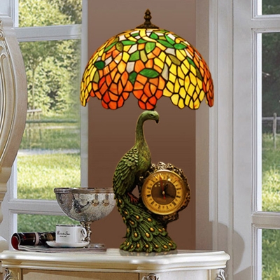 Stained Glass Green Nightstand Lamp Wave-Edge Wisteria 1 Bulb Tiffany Table Light with Peacock and Clock Base