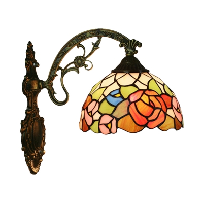Stained Glass Red/Pink/Orange Wall Lamp Flower Pattern 1 Bulb Tiffany Style Wall Sconce Light