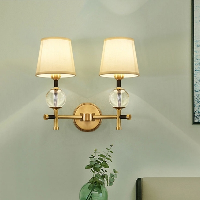 Taper-Shade Living Room Wall Lamp Postmodern Fabric 1/2-Head Brass Sconce Light with Crystal Ball Detail