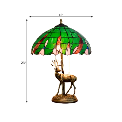 Tiffany Elk Desk Light 2-Head Resin Pull Chain Nightstand Lamp in Bronze with Bowl Stained Art Glass Shade