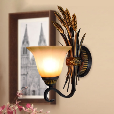 Traditional Bell Sconce 1-Head Frosted Glass Wall Light in Black and Gold with Ear of Wheat Decor