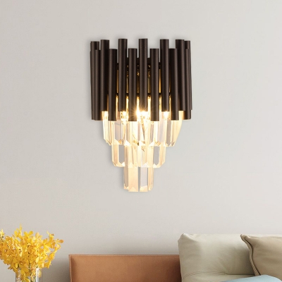 Tube Tiered Bedside Flush Wall Sconce Modern Crystal 2-Light Coffee Wall Mount Light Fixture