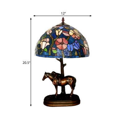 Victorian Floral Patterned Night Lighting 1 Head Stained Glass Nightstand Lamp in Coffee with Horse Deco