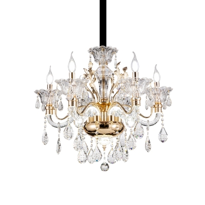 Victorian Style Candle Chandelier 6 Lights Crystal Suspension Pendant Light in Gold
