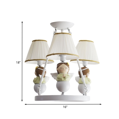 White Braided-Trim Cone Pendant Lamp Kid 3 Heads Pleated Fabric Chandelier with Angel Decoration