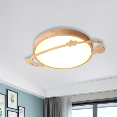 Wood Earth Orbit Ceiling Lamp Minimalist Integrated LED Flush Mount Lighting for Bedroom