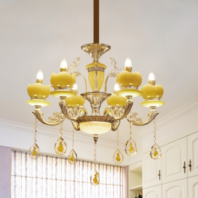 Yellow Glass Candle Pendant Lighting 6 Bulbs Bedroom Chandelier Lamp with Carved Arm in Gold