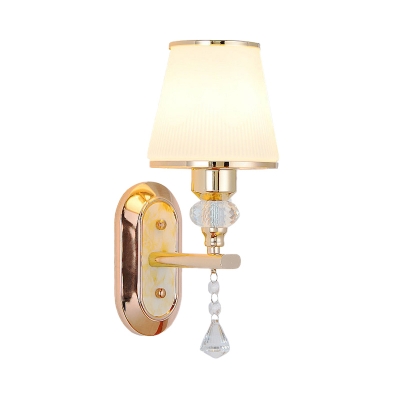 1/2-Bulb Wall Light Fixture Minimalist Tapered Cream Glass Sconce in Gold with Crystal Drop