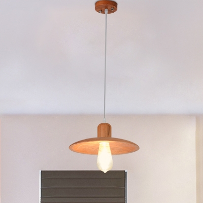 1 Bulb Dining Table Suspension Light Minimalist Orange Red/Beige Mini Pendant with Flat Wood Shade